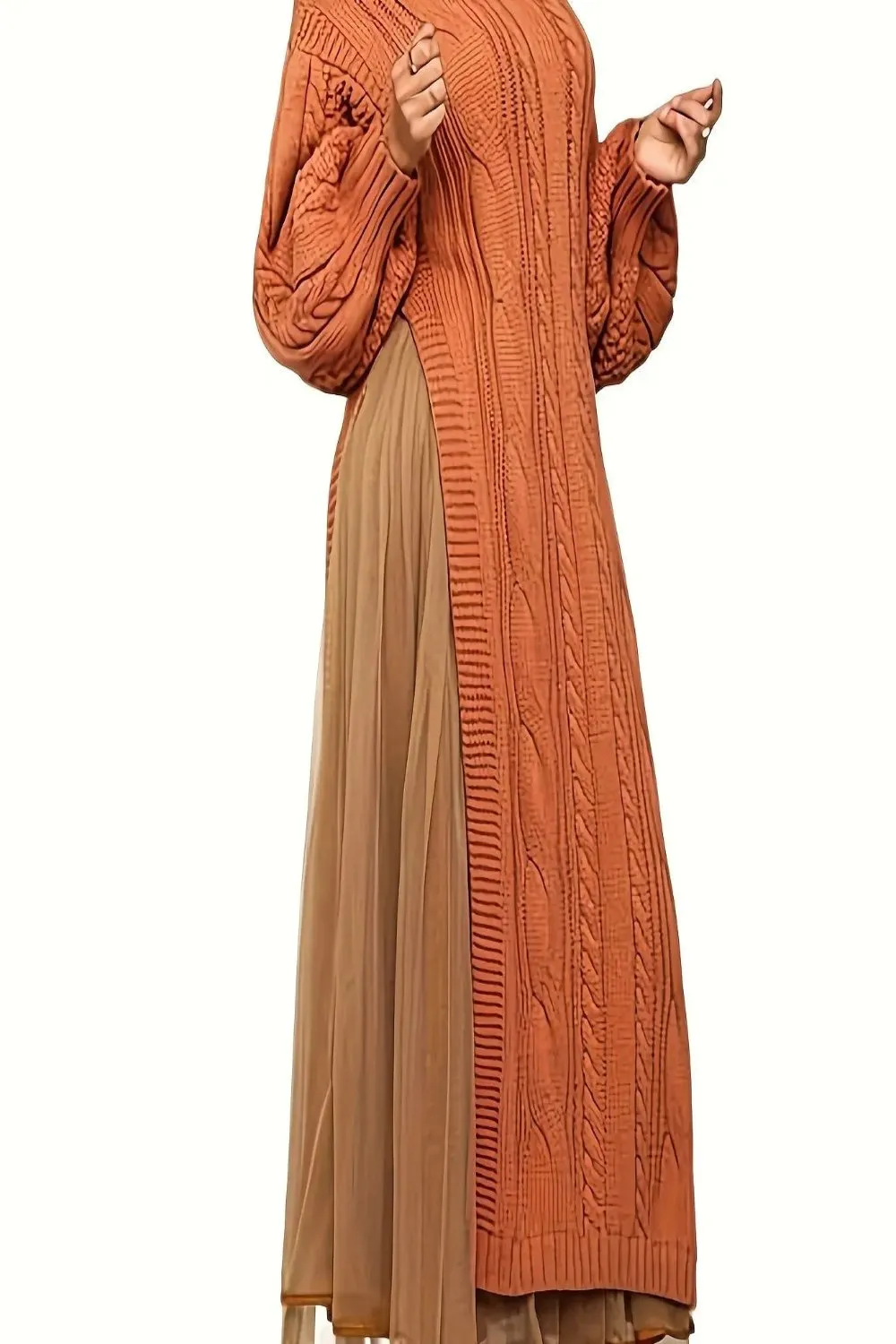 Mock Neck Sheer Layered Hem Sweater Dress