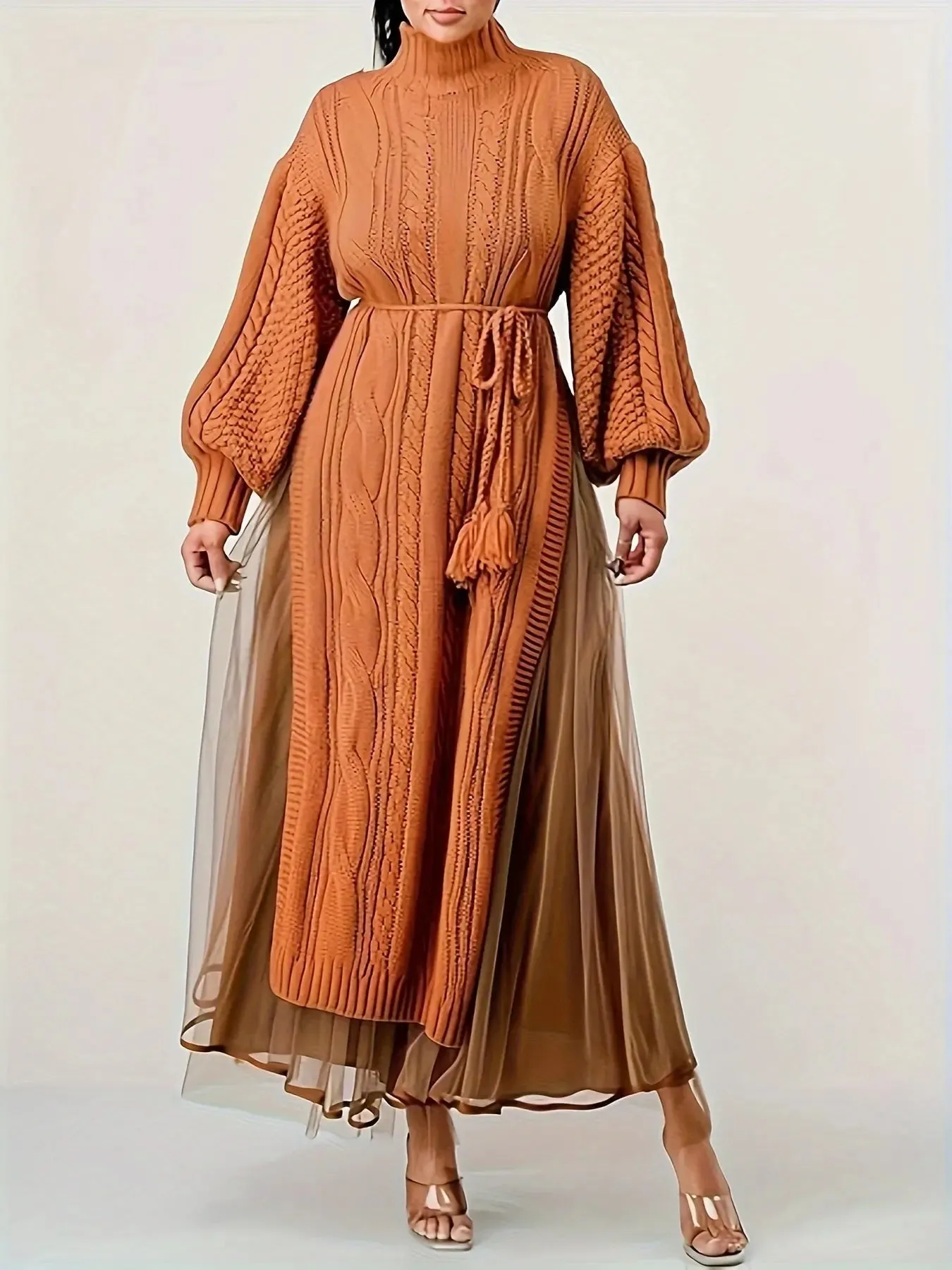 Mock Neck Sheer Layered Hem Sweater Dress