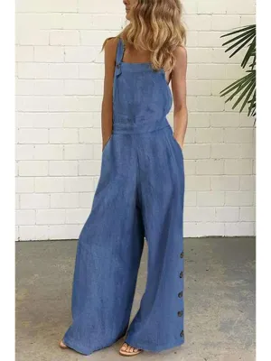 Modern Solid Color Sleeveless Side Pocket&Buckle Jumpsuit