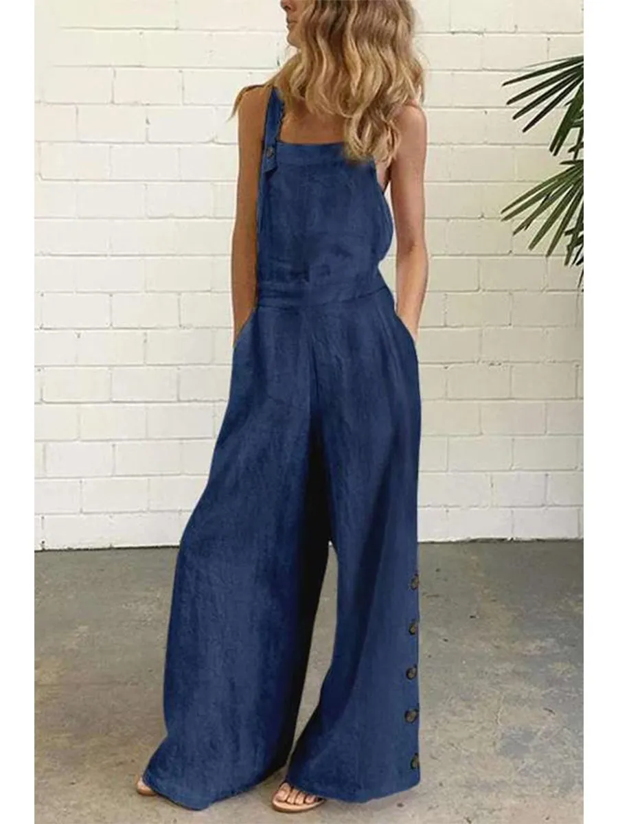 Modern Solid Color Sleeveless Side Pocket&Buckle Jumpsuit
