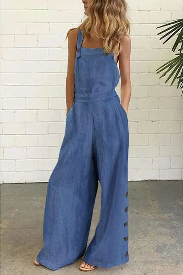 Modern Solid Color Sleeveless Side Pocket&Buckle Jumpsuit
