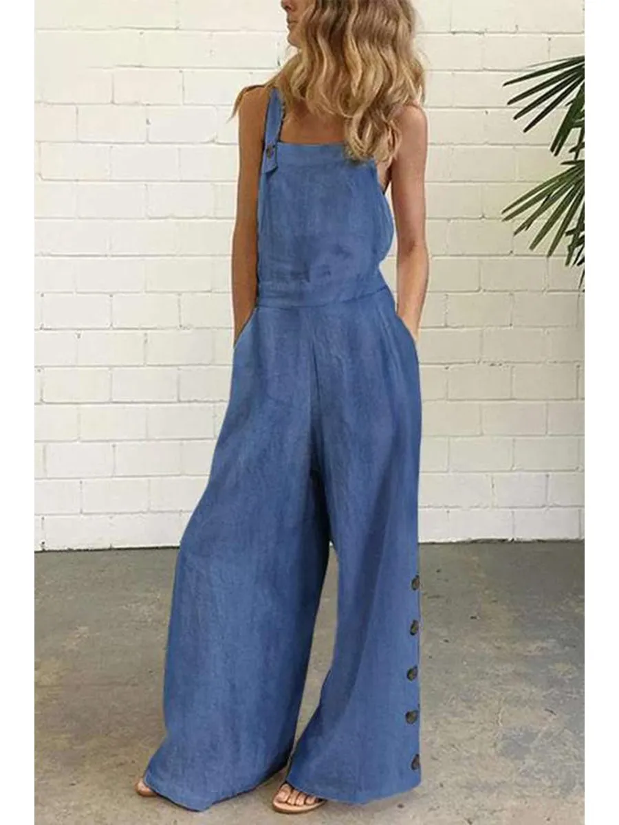Modern Solid Color Sleeveless Side Pocket&Buckle Jumpsuit