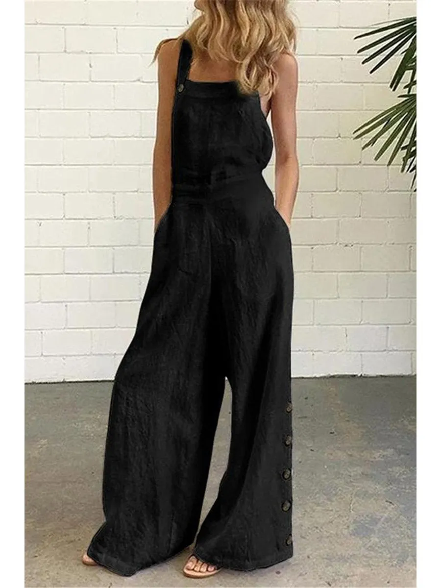 Modern Solid Color Sleeveless Side Pocket&Buckle Jumpsuit