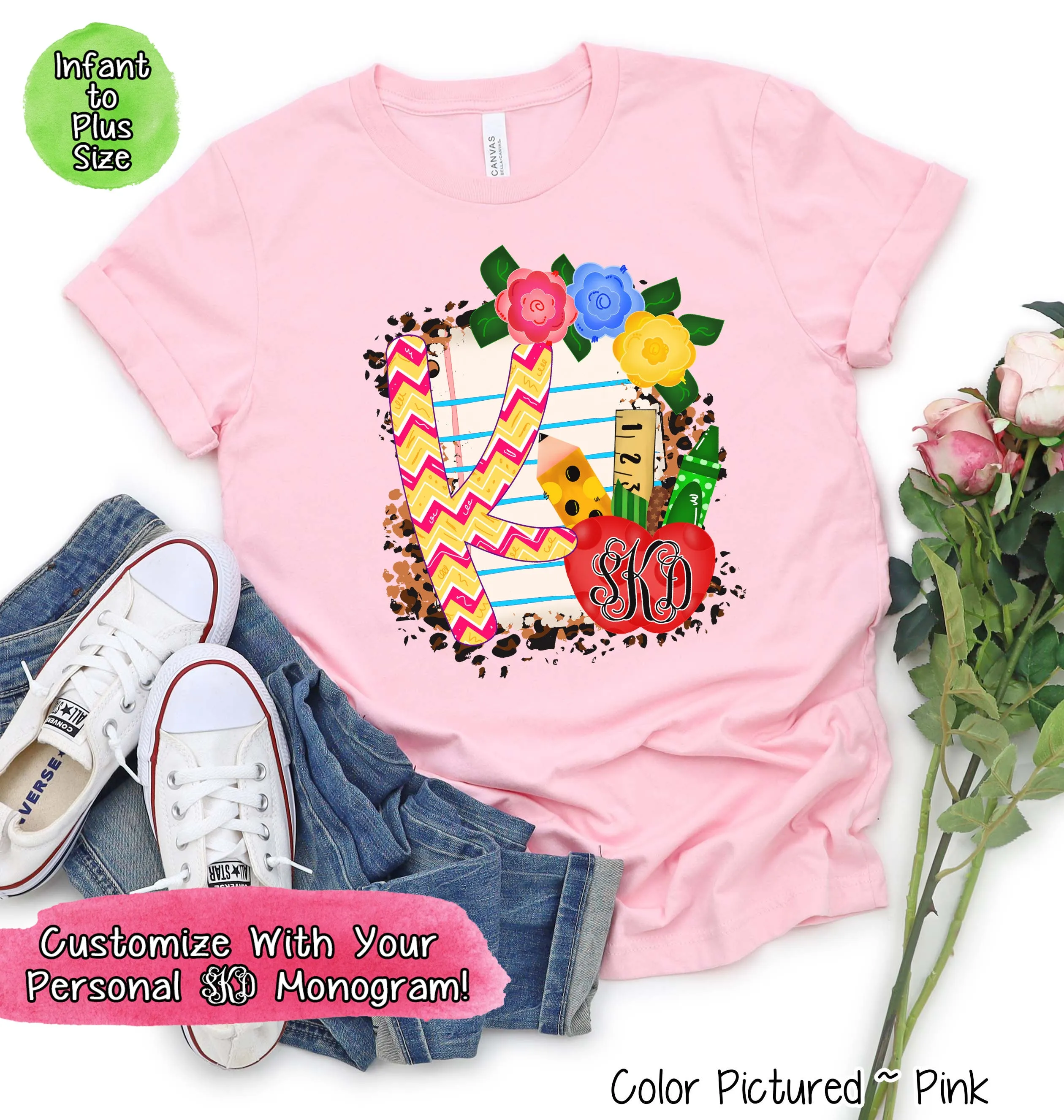Monogram Pink Chevron School Grade Tee