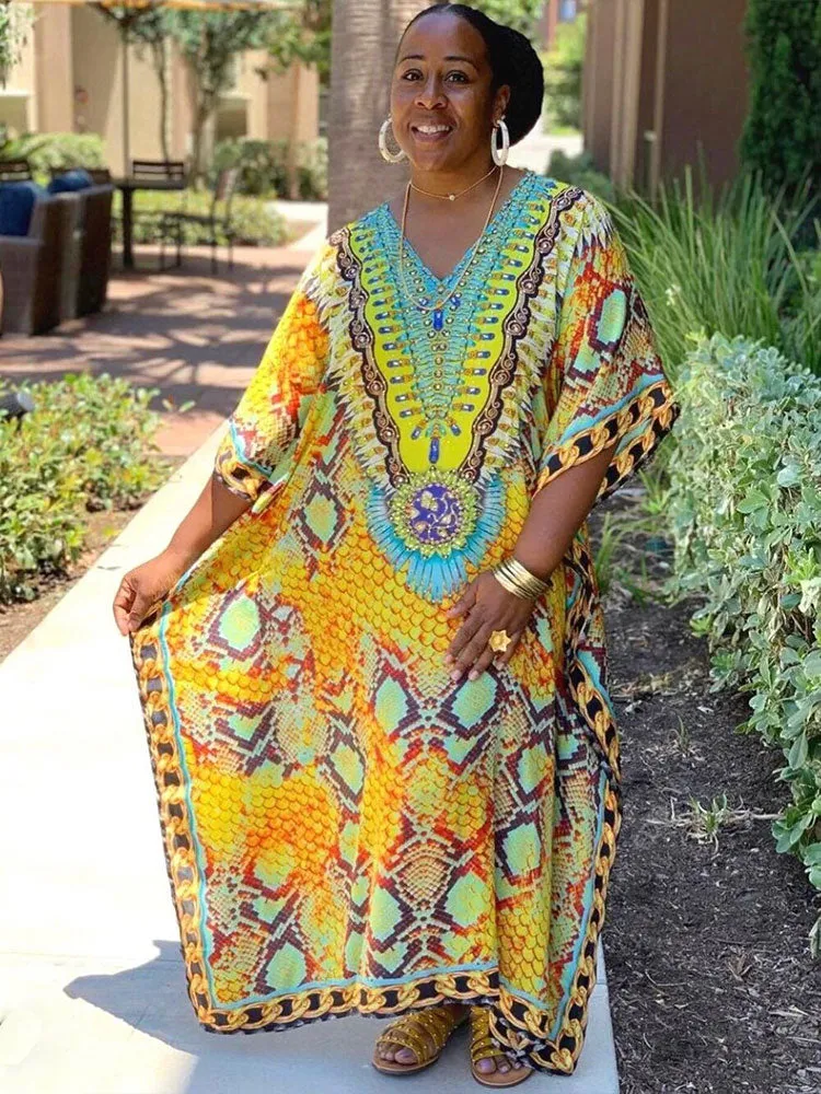 Moroccan Kaftan Boho Print Dress Sexy Batwing Sleeve Maxi Dress  Summer Women Clothing Beach Wear Casual Maxi Dress Q1394