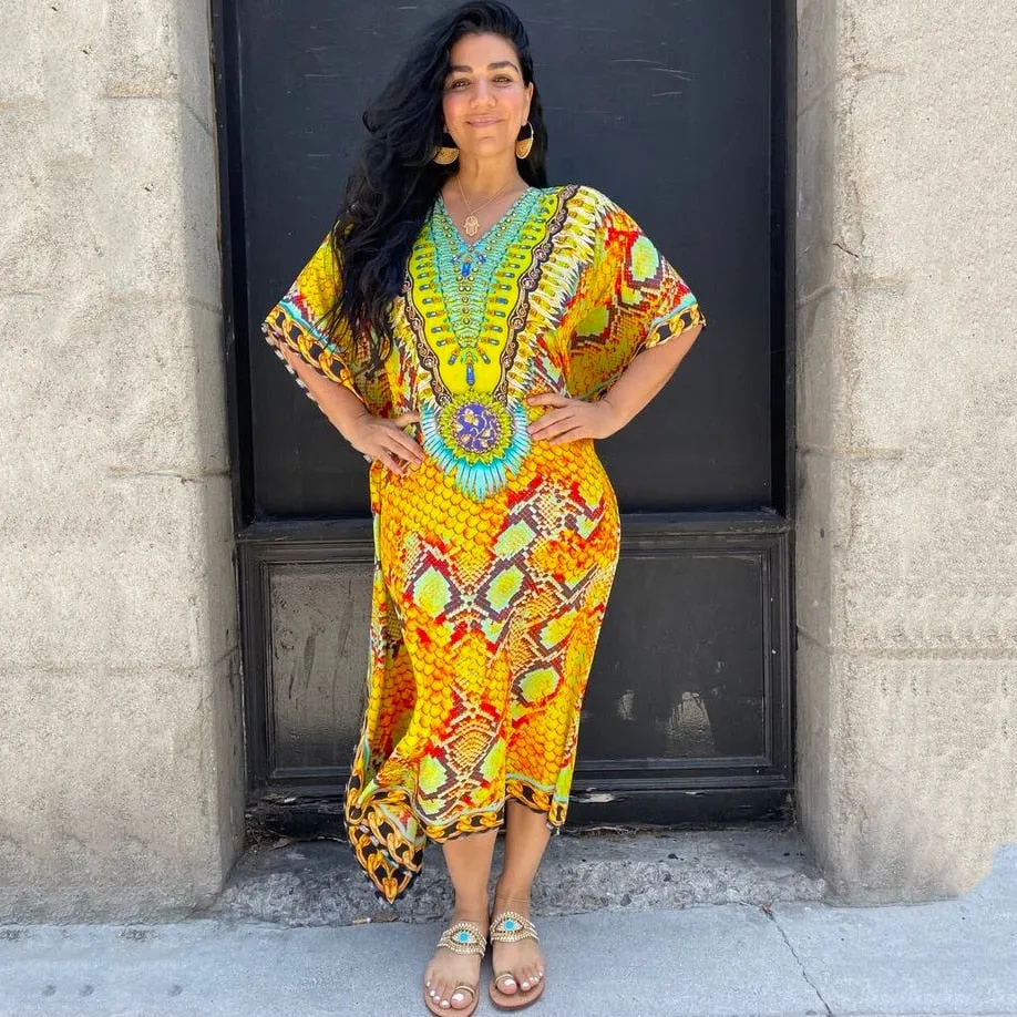 Moroccan Kaftan Boho Print Dress Sexy Batwing Sleeve Maxi Dress  Summer Women Clothing Beach Wear Casual Maxi Dress Q1394