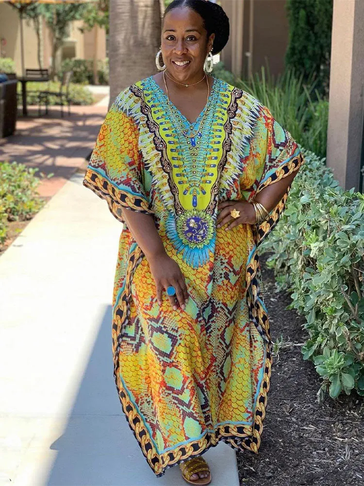 Moroccan Kaftan Boho Print Dress Sexy Batwing Sleeve Maxi Dress  Summer Women Clothing Beach Wear Casual Maxi Dress Q1394