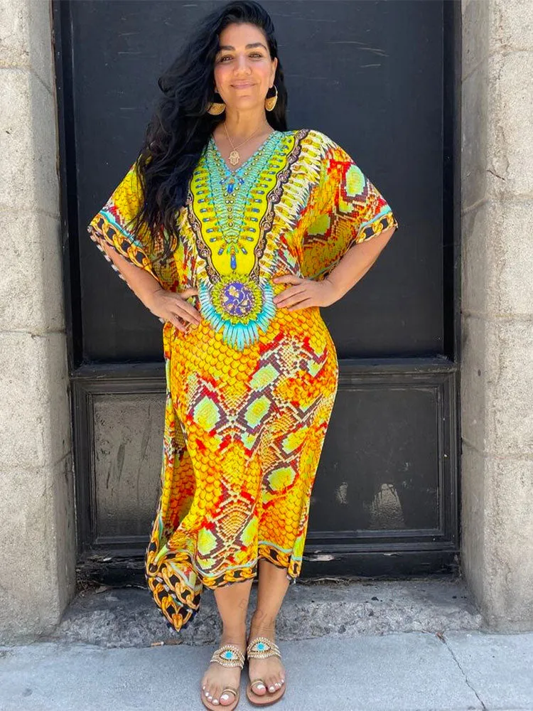 Moroccan Kaftan Boho Print Dress Sexy Batwing Sleeve Maxi Dress  Summer Women Clothing Beach Wear Casual Maxi Dress Q1394