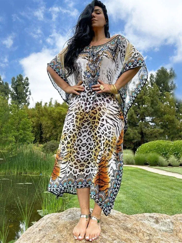 Moroccan Kaftan Boho Print Dress Sexy Batwing Sleeve Maxi Dress  Summer Women Clothing Beach Wear Casual Maxi Dress Q1394