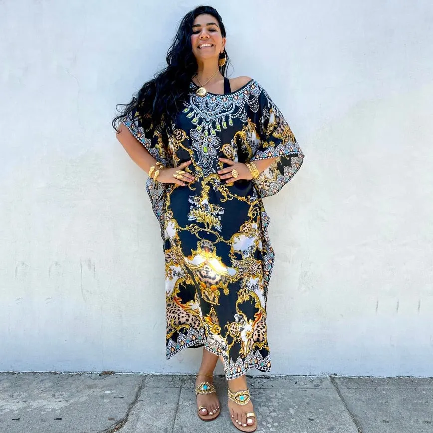 Moroccan Kaftan Boho Print Dress Sexy Batwing Sleeve Maxi Dress  Summer Women Clothing Beach Wear Casual Maxi Dress Q1394