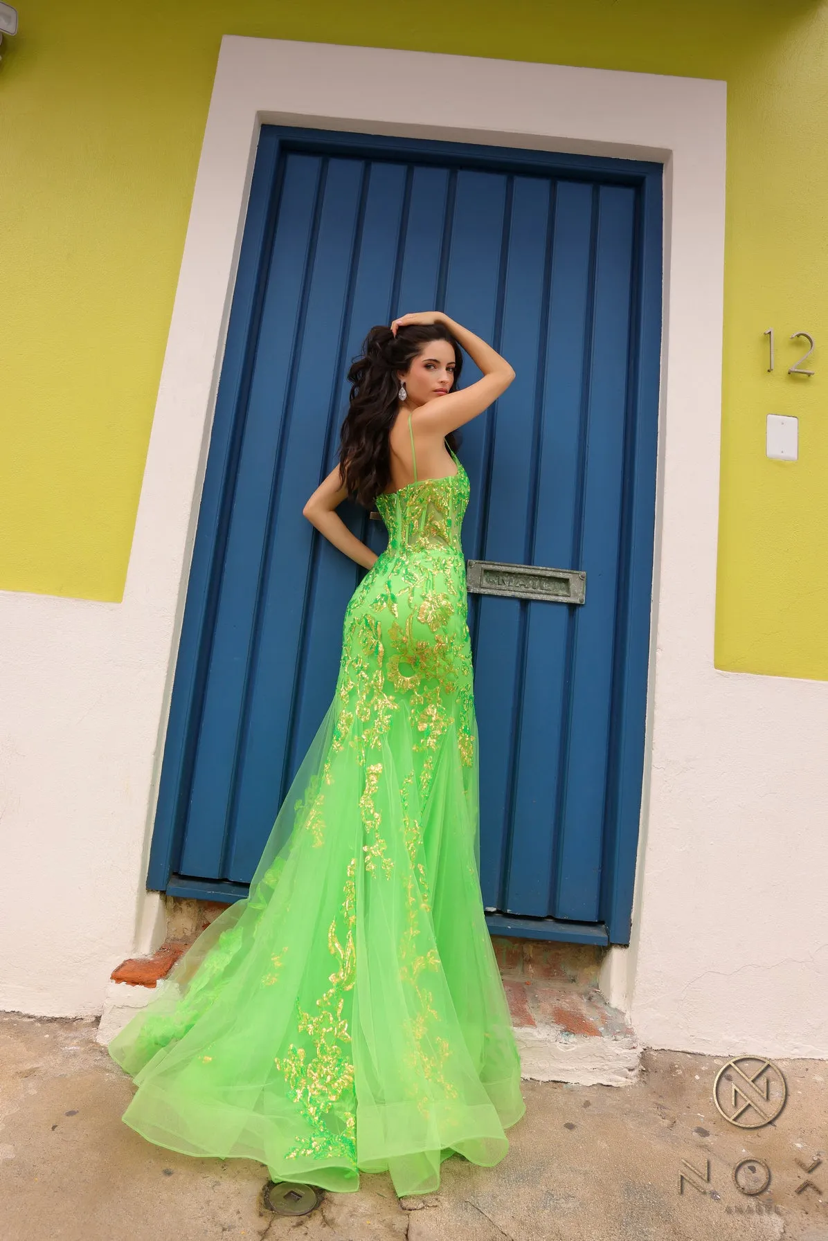 N Q1390 - Iridescent Sequin Printed Fit & Flare Prom Gown with Sheer Boned Bodice Spaghetti Straps & Layered Tulle Skirt