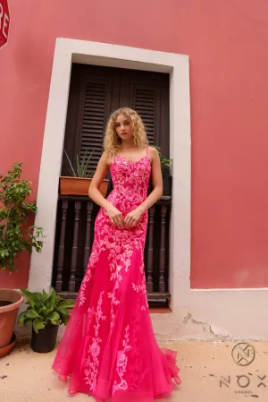 N Q1390 - Iridescent Sequin Printed Fit & Flare Prom Gown with Sheer Boned Bodice Spaghetti Straps & Layered Tulle Skirt