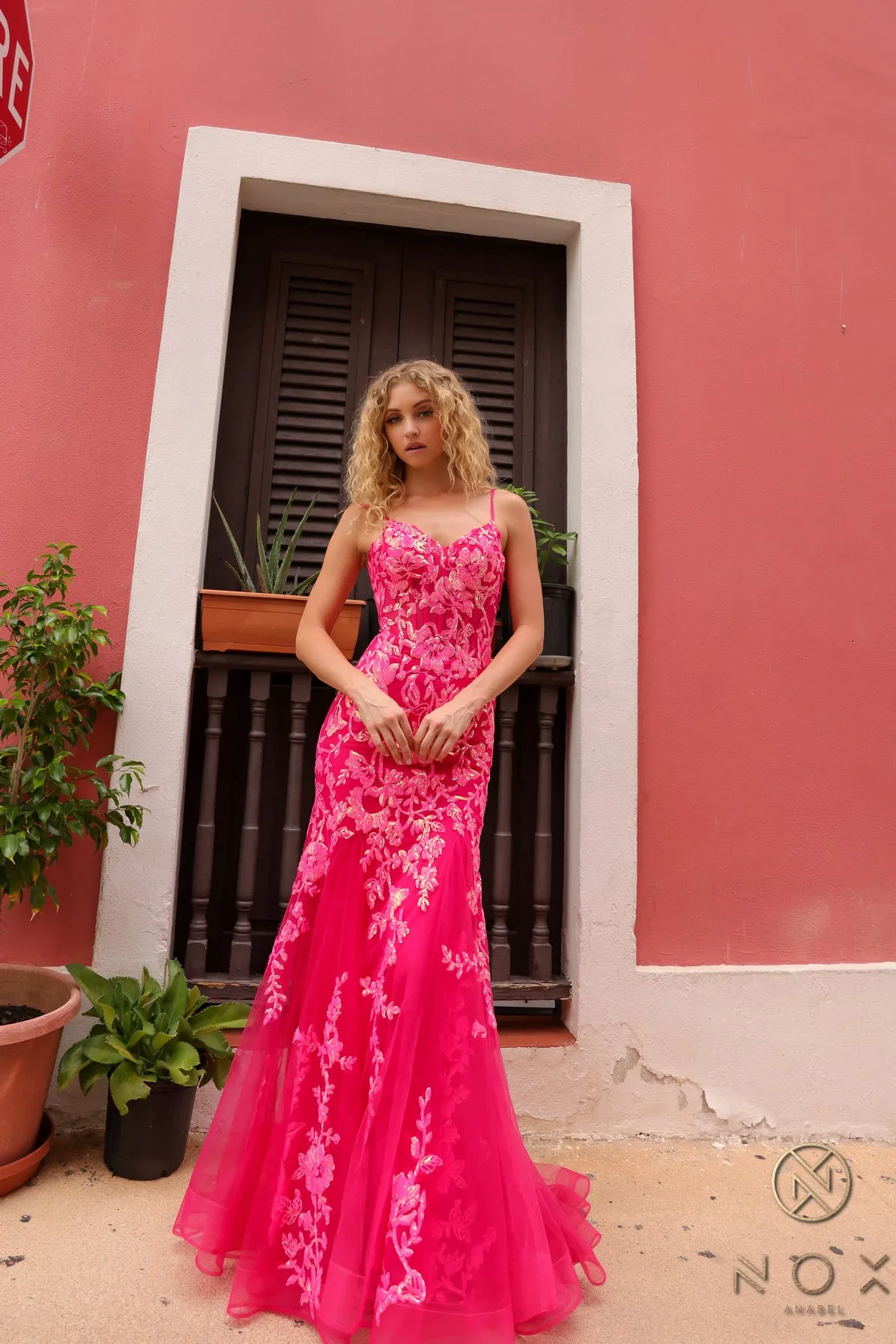 N Q1390 - Iridescent Sequin Printed Fit & Flare Prom Gown with Sheer Boned Bodice Spaghetti Straps & Layered Tulle Skirt