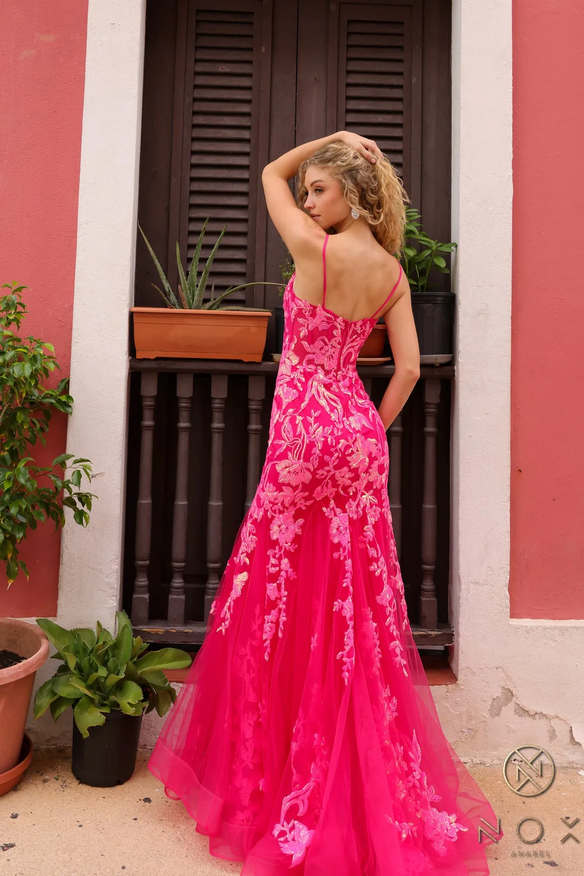 N Q1390 - Iridescent Sequin Printed Fit & Flare Prom Gown with Sheer Boned Bodice Spaghetti Straps & Layered Tulle Skirt