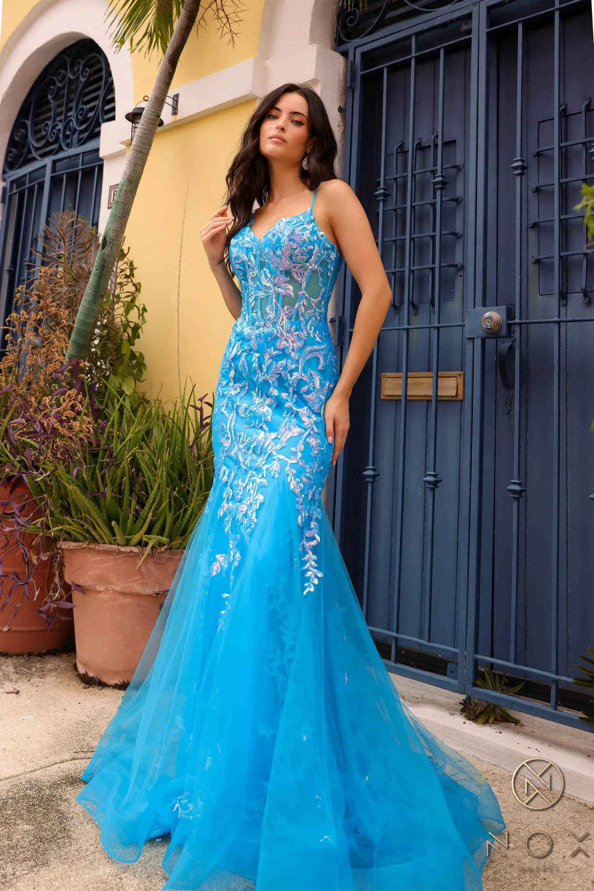 N Q1390 - Iridescent Sequin Printed Fit & Flare Prom Gown with Sheer Boned Bodice Spaghetti Straps & Layered Tulle Skirt
