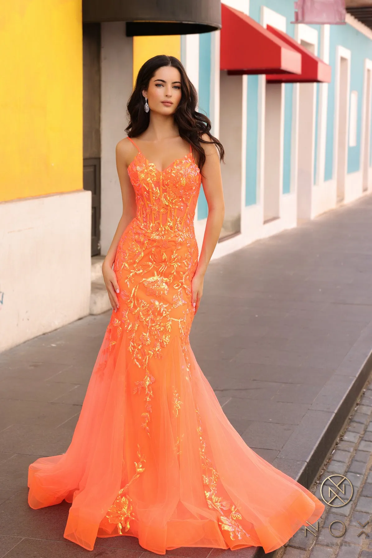 N Q1390 - Iridescent Sequin Printed Fit & Flare Prom Gown with Sheer Boned Bodice Spaghetti Straps & Layered Tulle Skirt