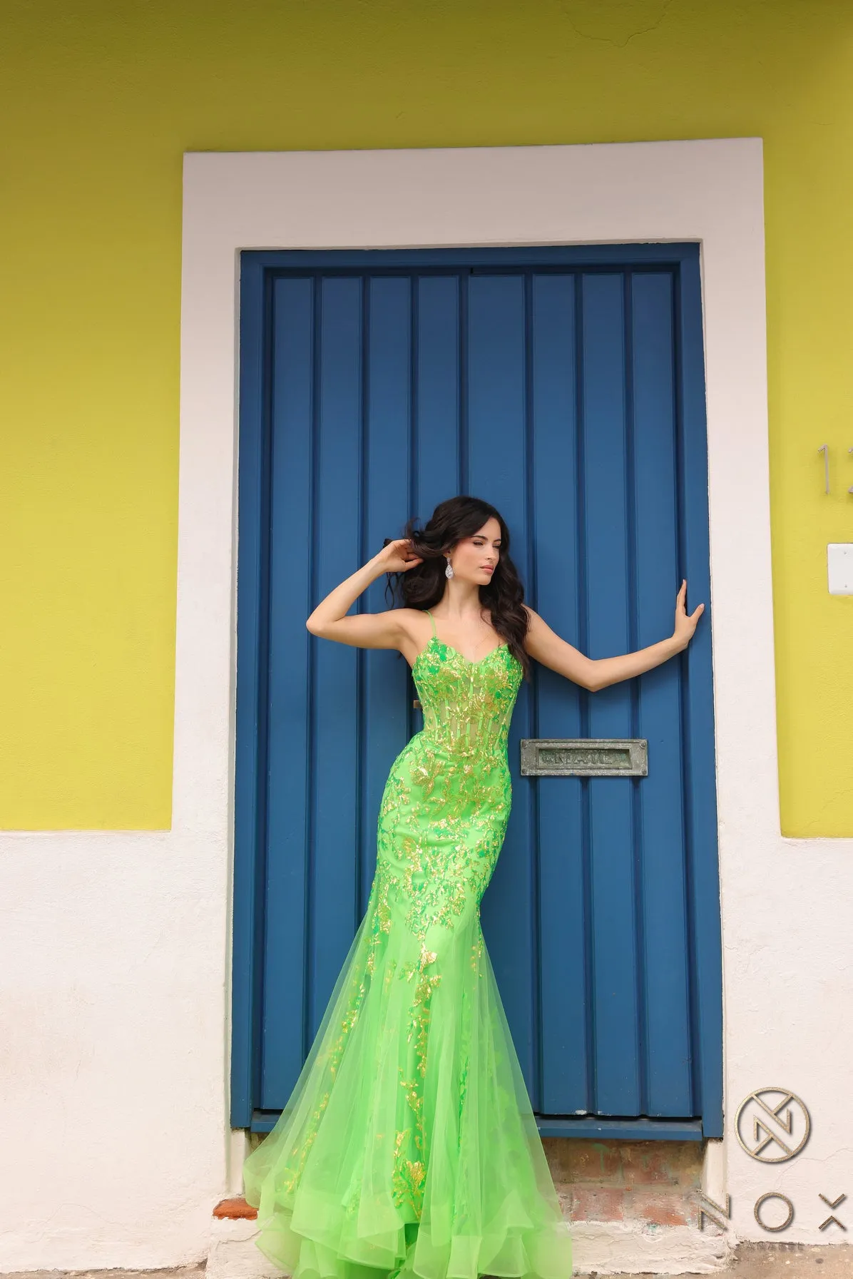 N Q1390 - Iridescent Sequin Printed Fit & Flare Prom Gown with Sheer Boned Bodice Spaghetti Straps & Layered Tulle Skirt