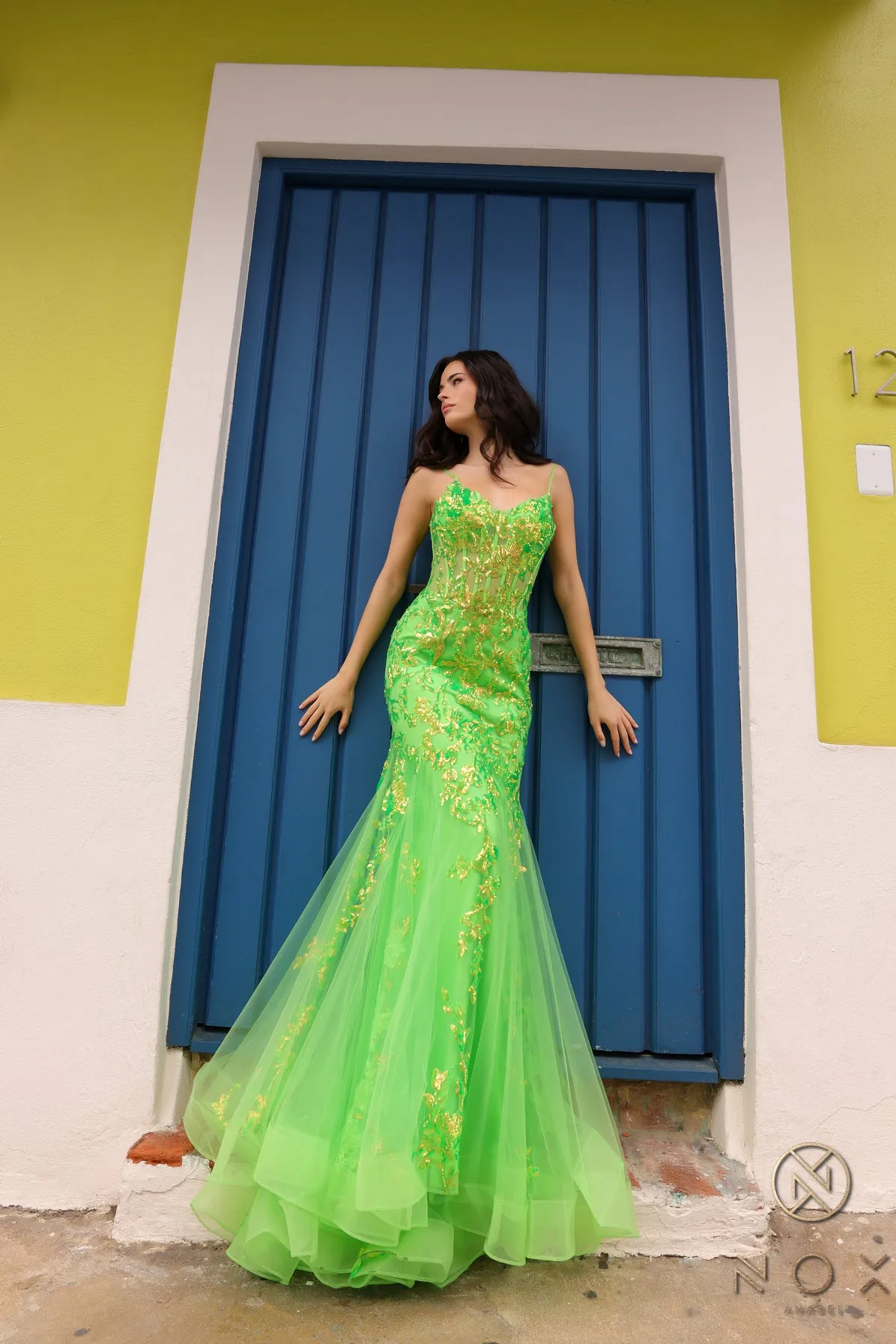 N Q1390 - Iridescent Sequin Printed Fit & Flare Prom Gown with Sheer Boned Bodice Spaghetti Straps & Layered Tulle Skirt