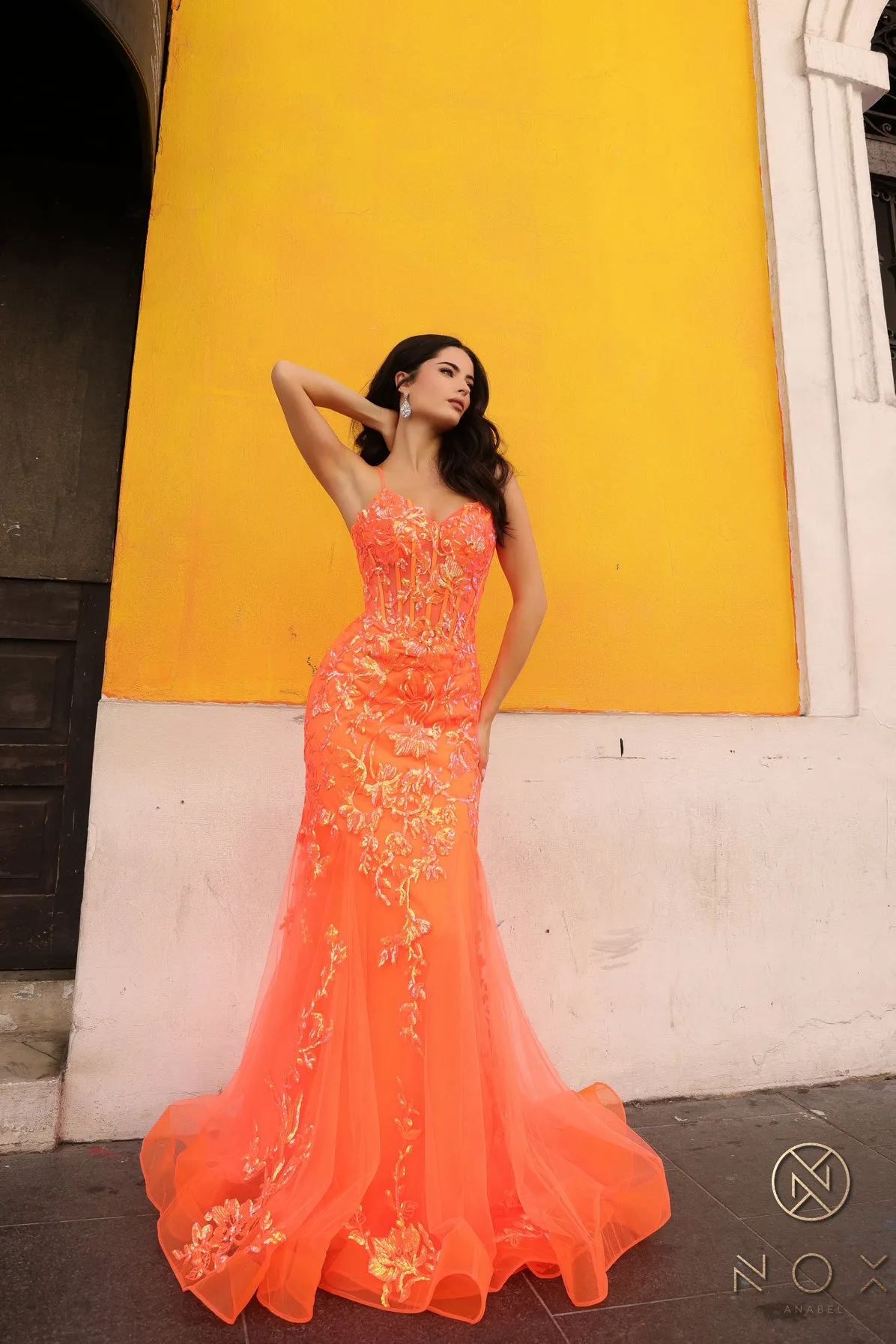 N Q1390 - Iridescent Sequin Printed Fit & Flare Prom Gown with Sheer Boned Bodice Spaghetti Straps & Layered Tulle Skirt