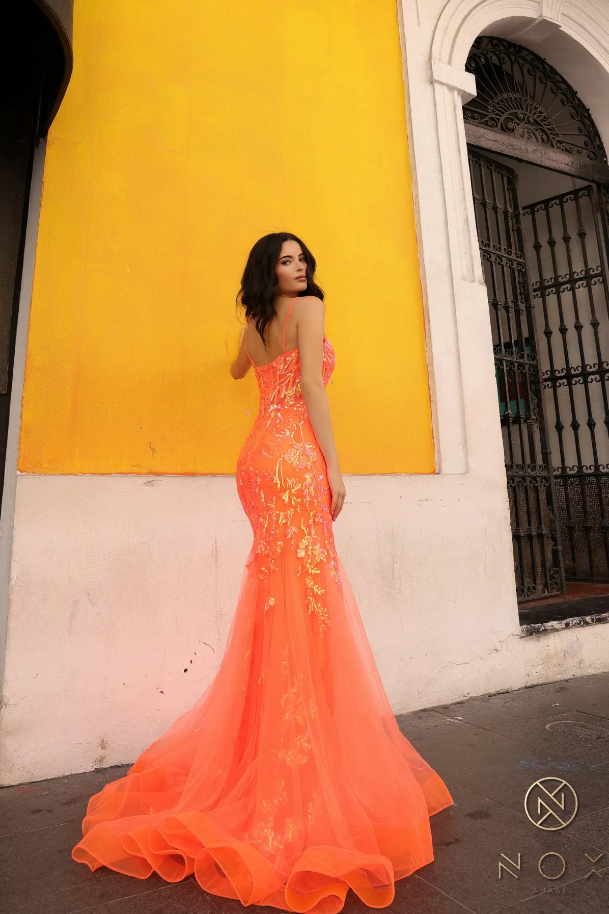 N Q1390 - Iridescent Sequin Printed Fit & Flare Prom Gown with Sheer Boned Bodice Spaghetti Straps & Layered Tulle Skirt