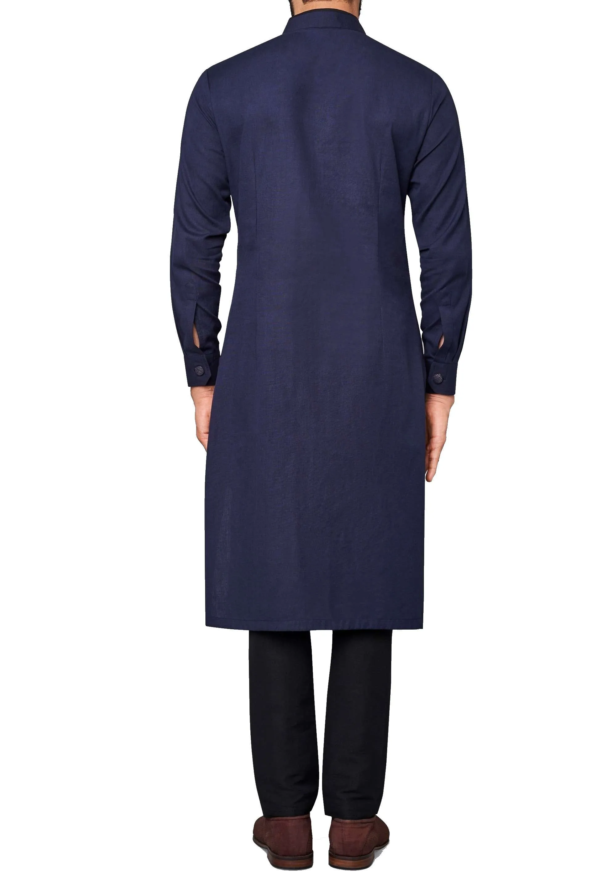 Navy Blue Pintuck Kurta Mandarin Collar With Churidar Pajami