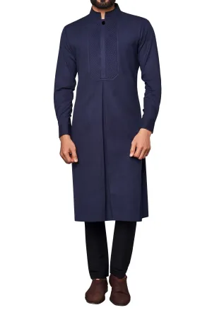 Navy Blue Pintuck Kurta Mandarin Collar With Churidar Pajami