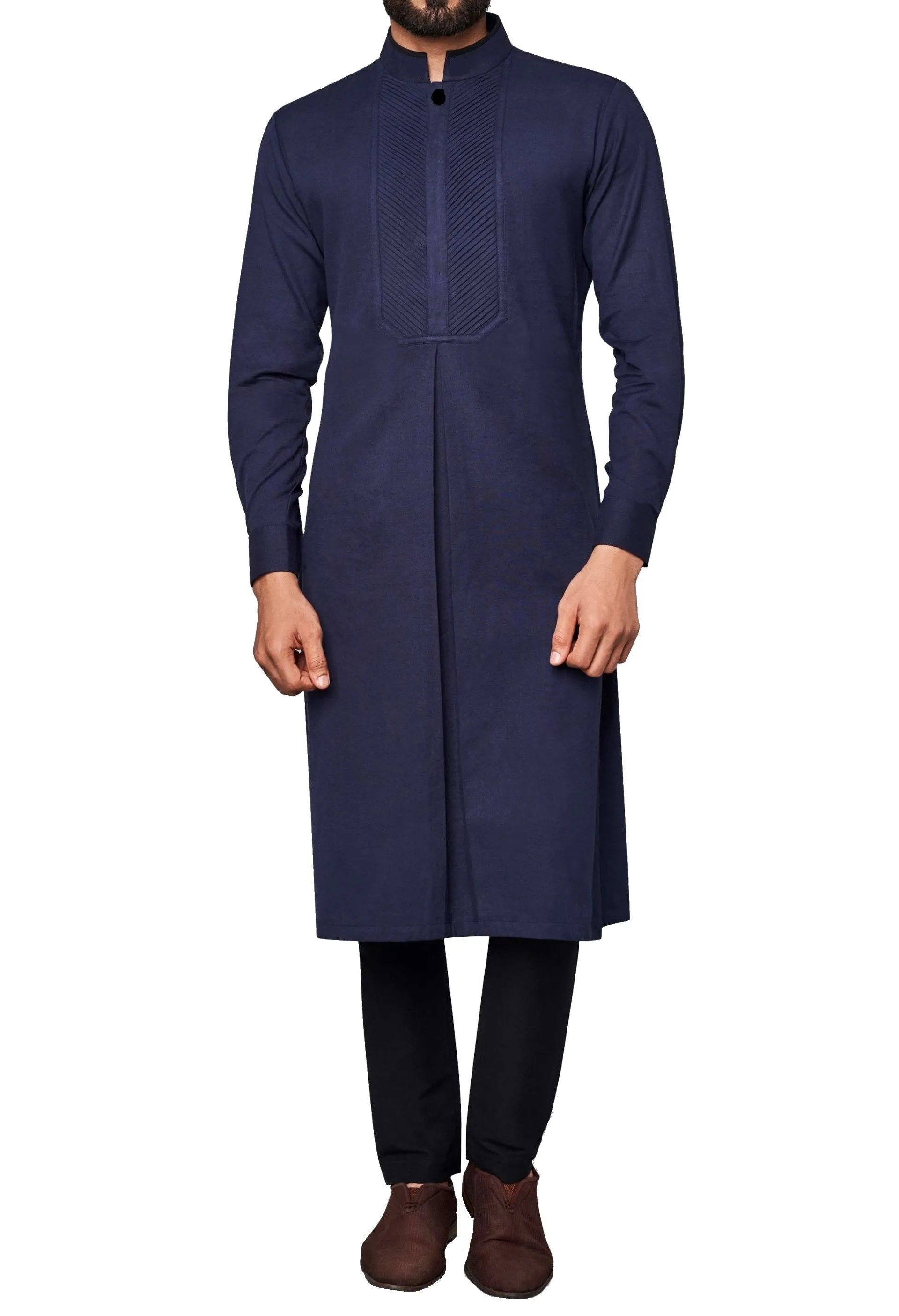 Navy Blue Pintuck Kurta Mandarin Collar With Churidar Pajami