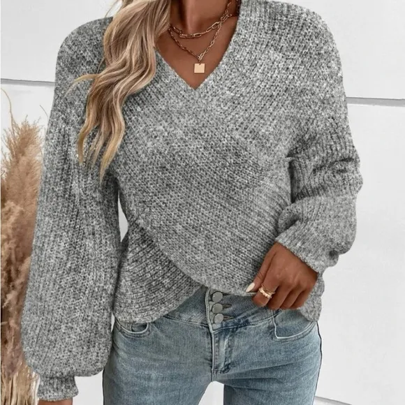 New v neck Crisscross wrap knot  grey lsweater