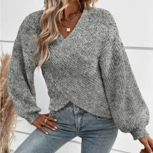 New v neck Crisscross wrap knot  grey lsweater