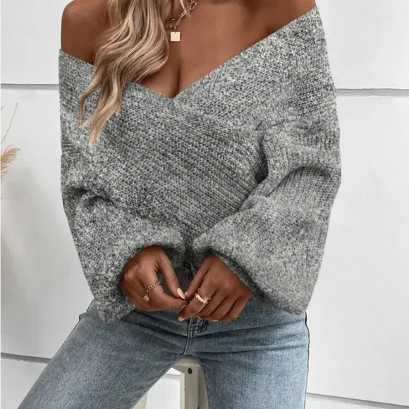 New v neck Crisscross wrap knot  grey lsweater