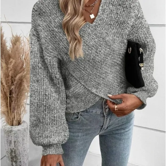 New v neck Crisscross wrap knot  grey lsweater