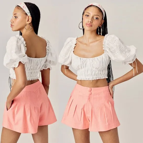 NWT For Love &amp; Lemons linen blend mango coral Millie Pleated shorts