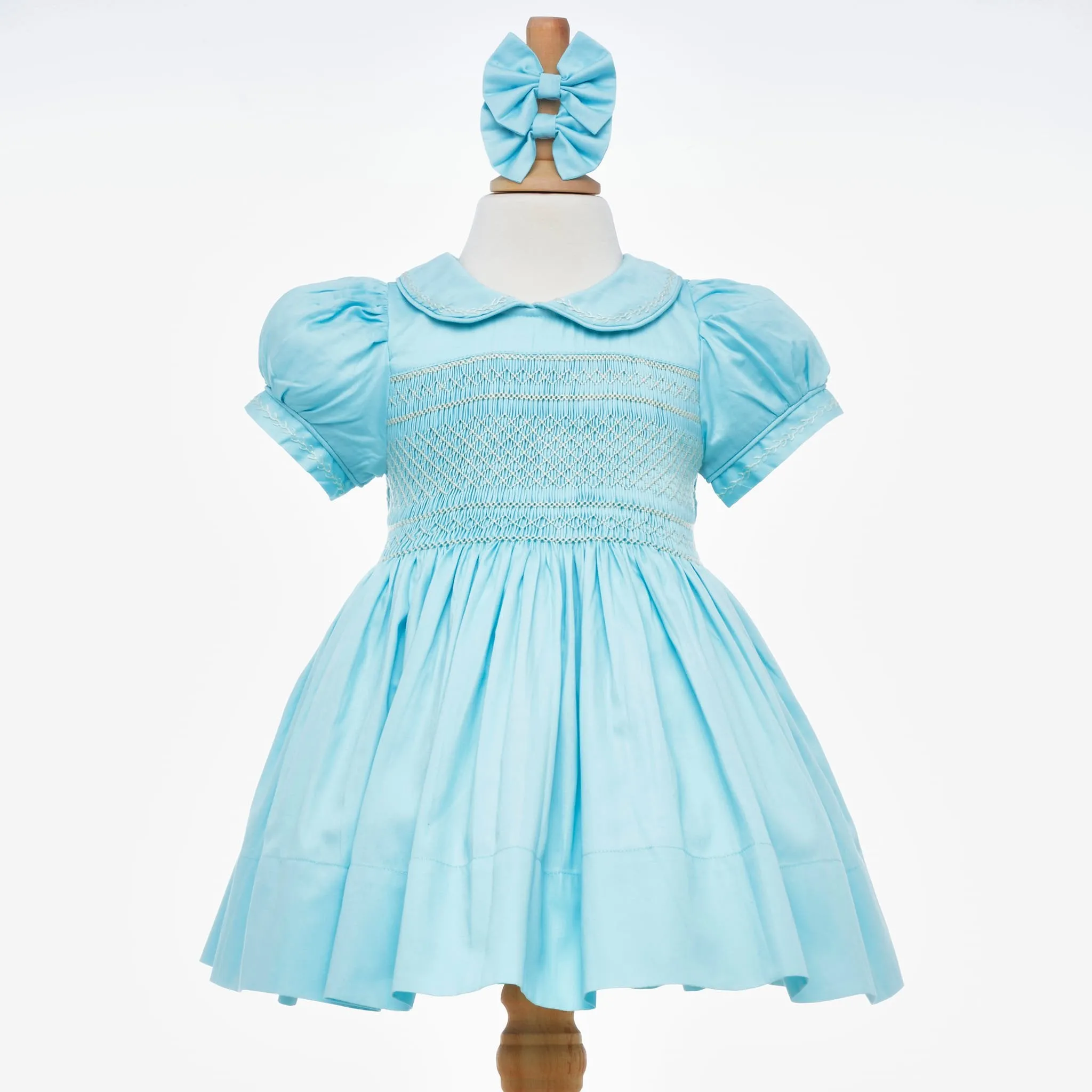 Ocean Baby Girls Duck Egg Lux Collection Sateen Smocked Front & Back Petticoat Layered Dress (NB-8Yrs)