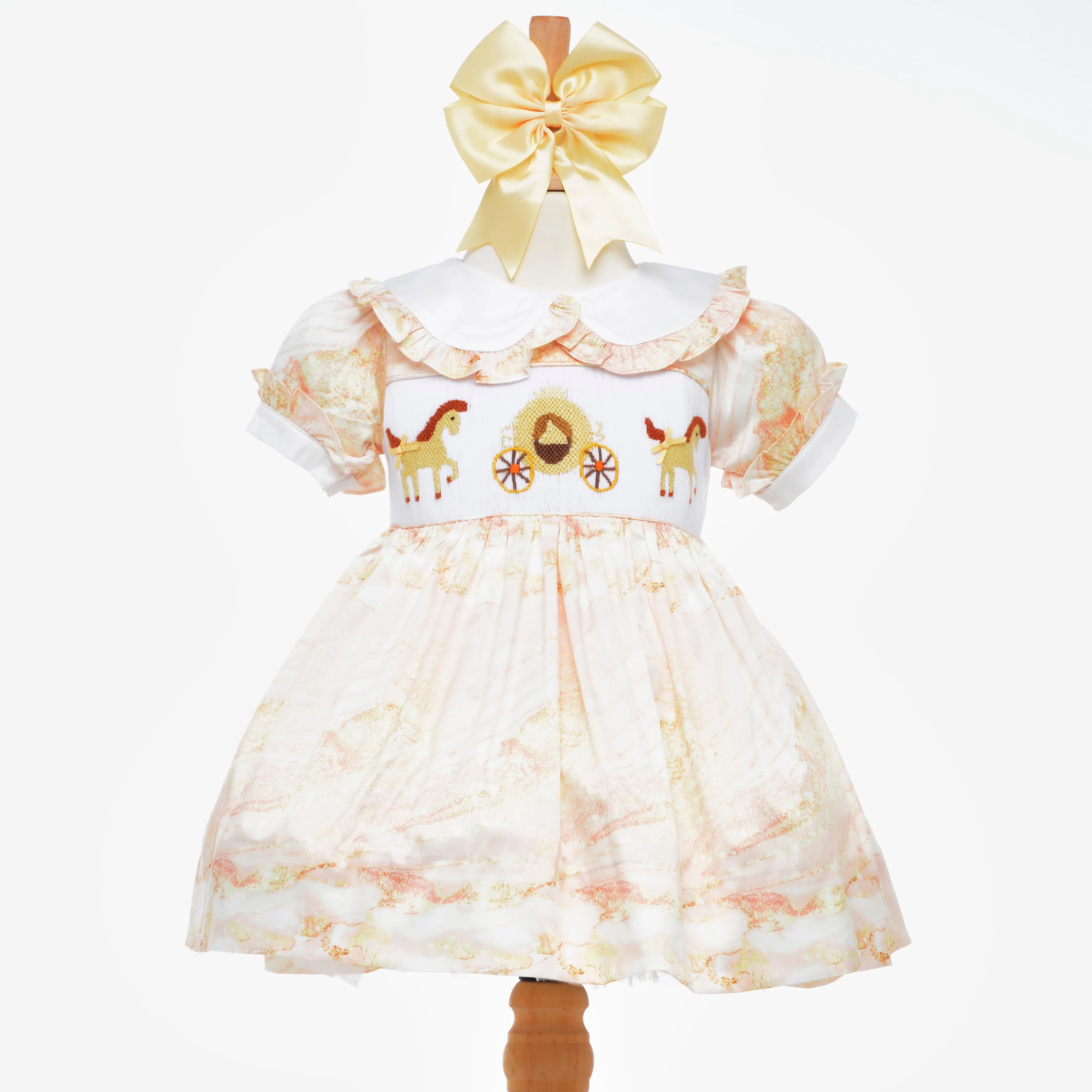 Ocean Baby Girls Gold Marble Satin Carriage Themed Smocked Petticoat Layered Dress (6M-5Yrs)