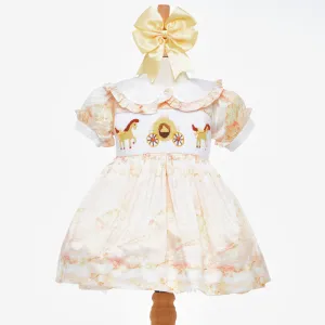 Ocean Baby Girls Gold Marble Satin Carriage Themed Smocked Petticoat Layered Dress (6M-5Yrs)