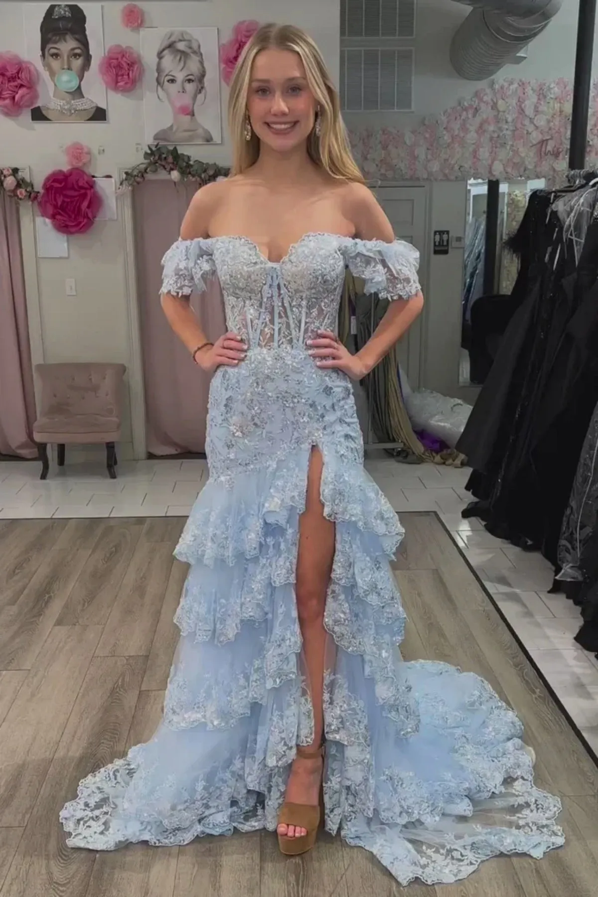 Off Shoulder Layered Navy Blue Lace Long Prom Dress with High Split, Off the Shoulder Navy Blue Formal Dress, Navy Blue Lace Evening Dress A2061
