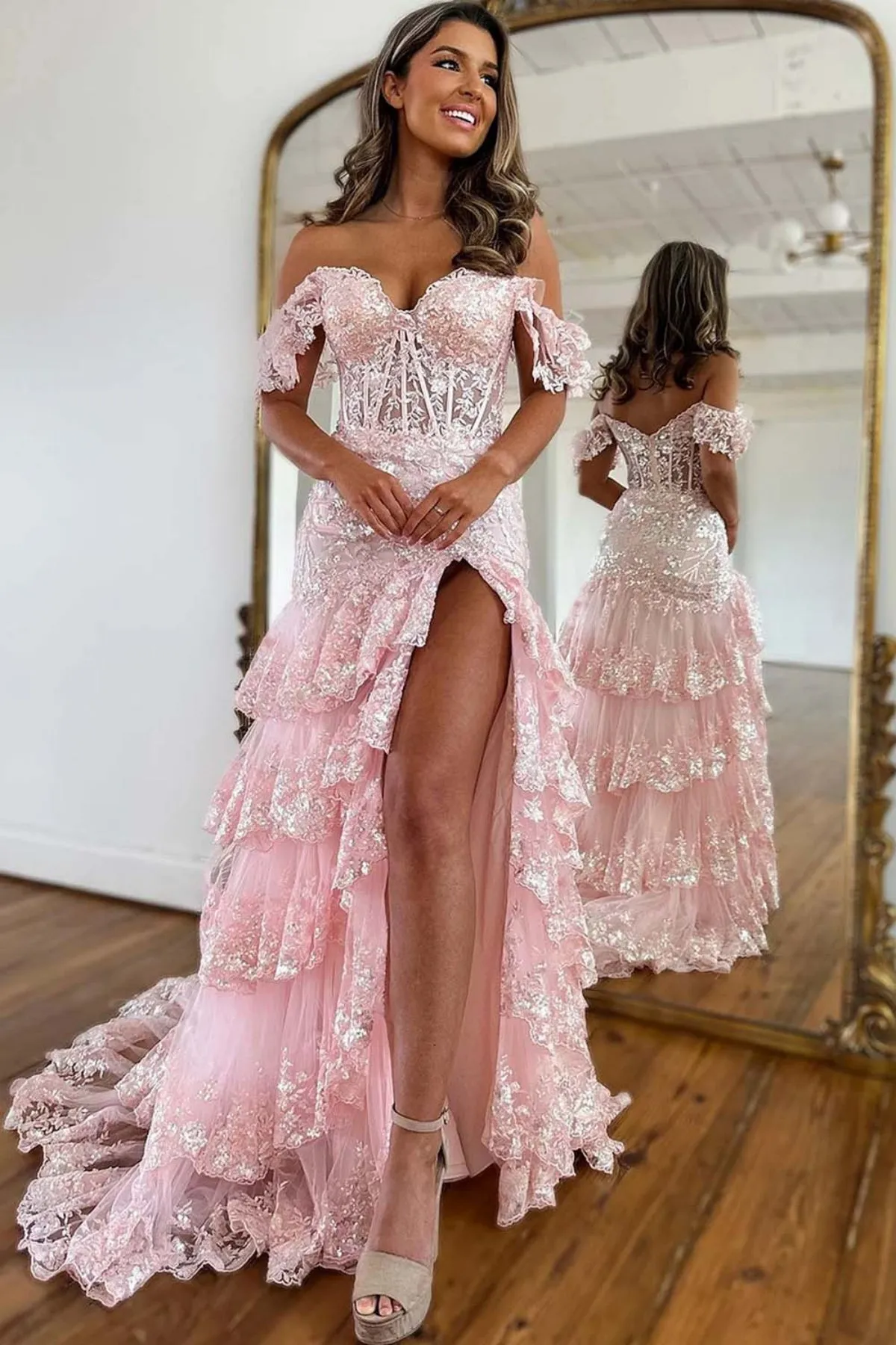 Off Shoulder Layered Navy Blue Lace Long Prom Dress with High Split, Off the Shoulder Navy Blue Formal Dress, Navy Blue Lace Evening Dress A2061