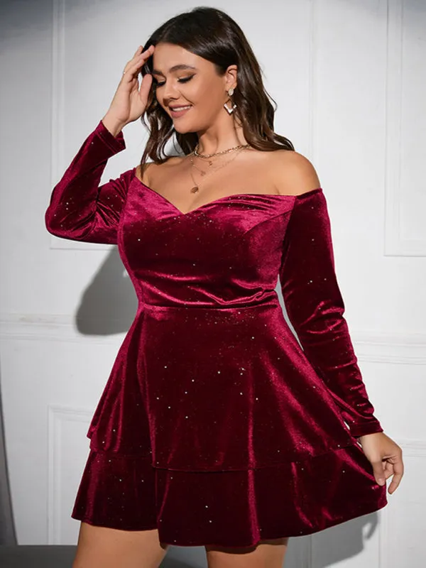 Off-Shoulder Velvet Mini Dress with Layered Skirt