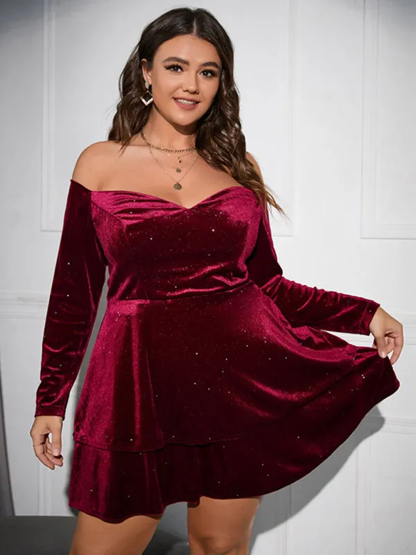 Off-Shoulder Velvet Mini Dress with Layered Skirt