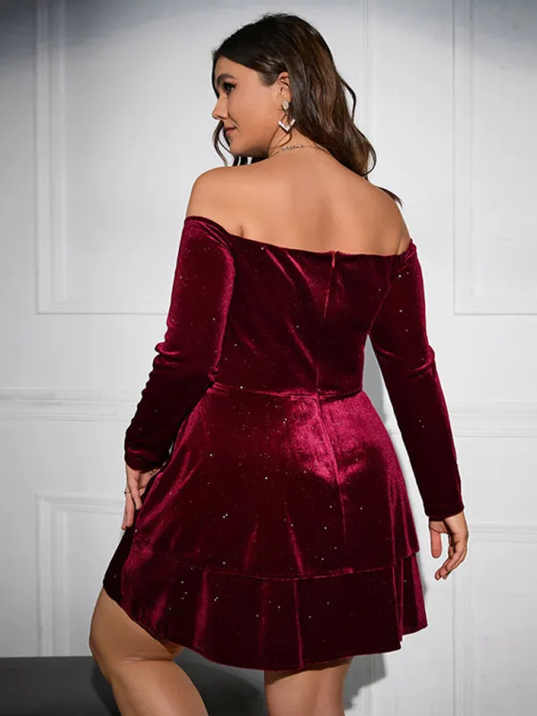 Off-Shoulder Velvet Mini Dress with Layered Skirt