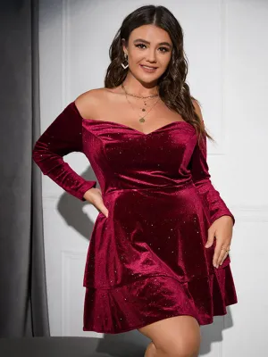 Off-Shoulder Velvet Mini Dress with Layered Skirt