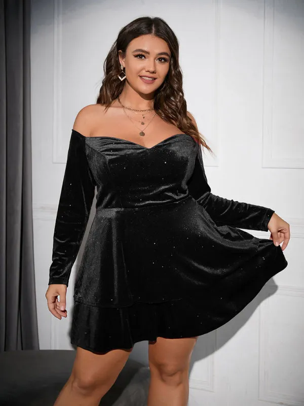 Off-Shoulder Velvet Mini Dress with Layered Skirt