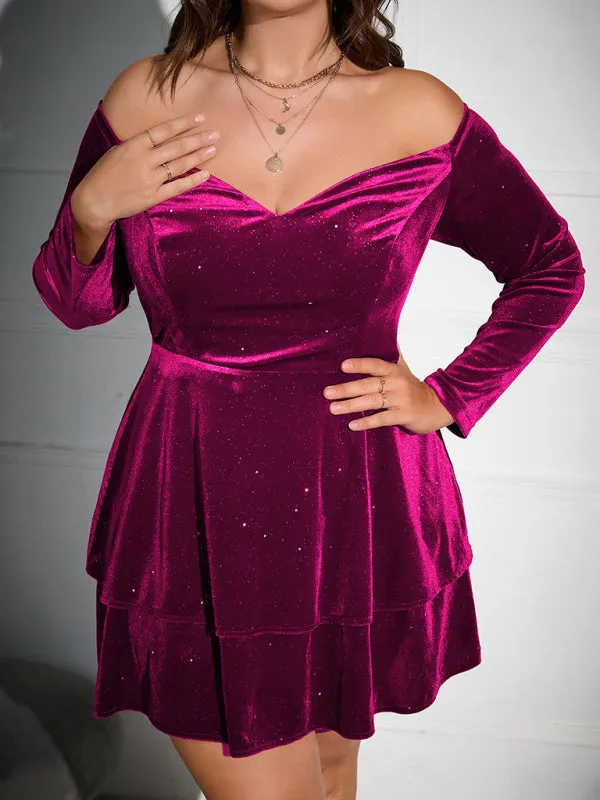 Off-Shoulder Velvet Mini Dress with Layered Skirt