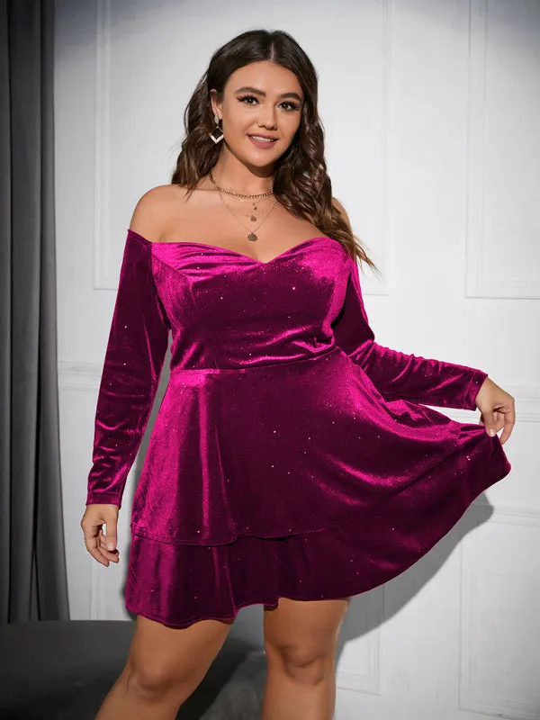Off-Shoulder Velvet Mini Dress with Layered Skirt