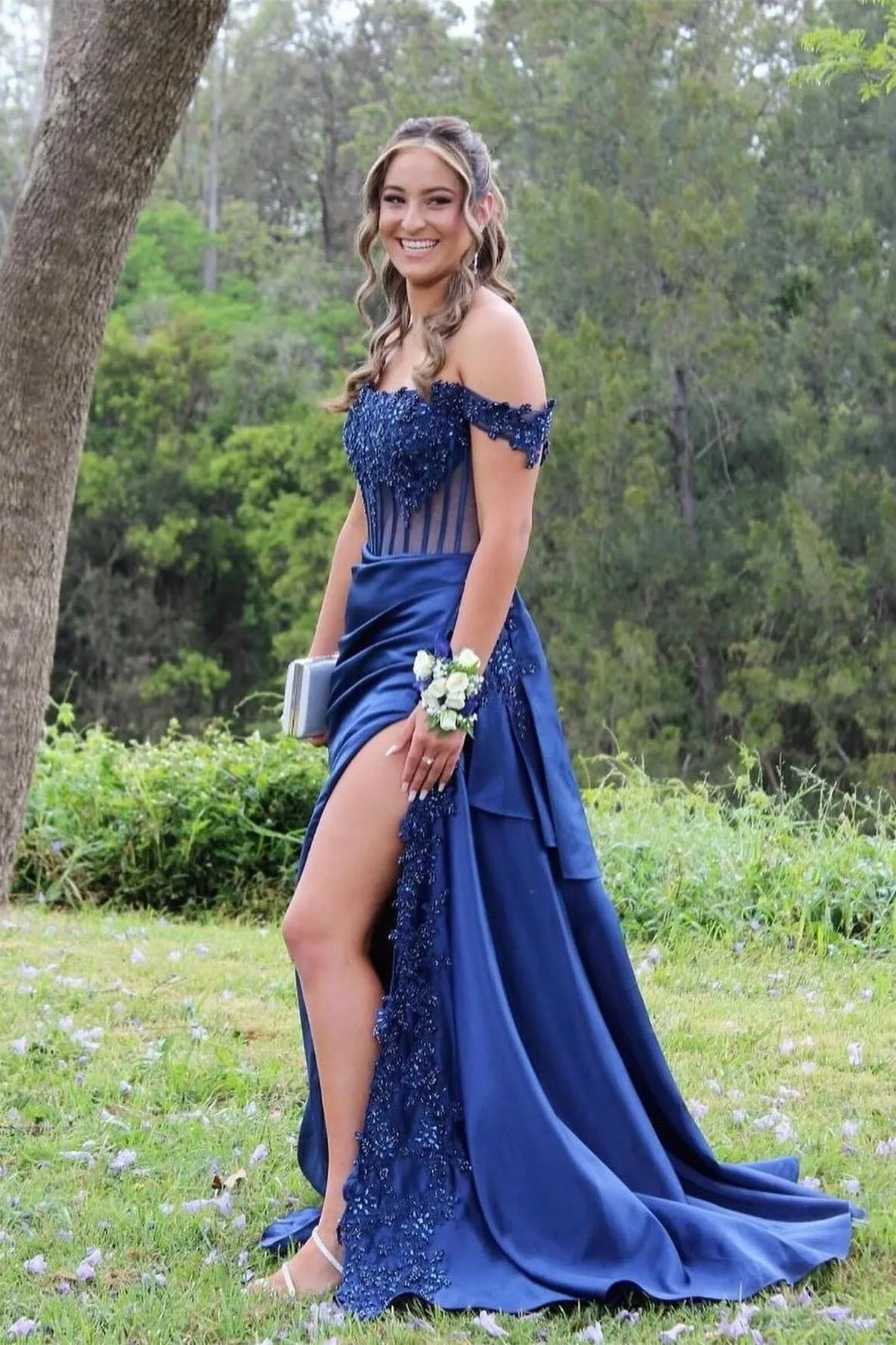 Off the Shoulder Appliques Corset Long Formal Dress