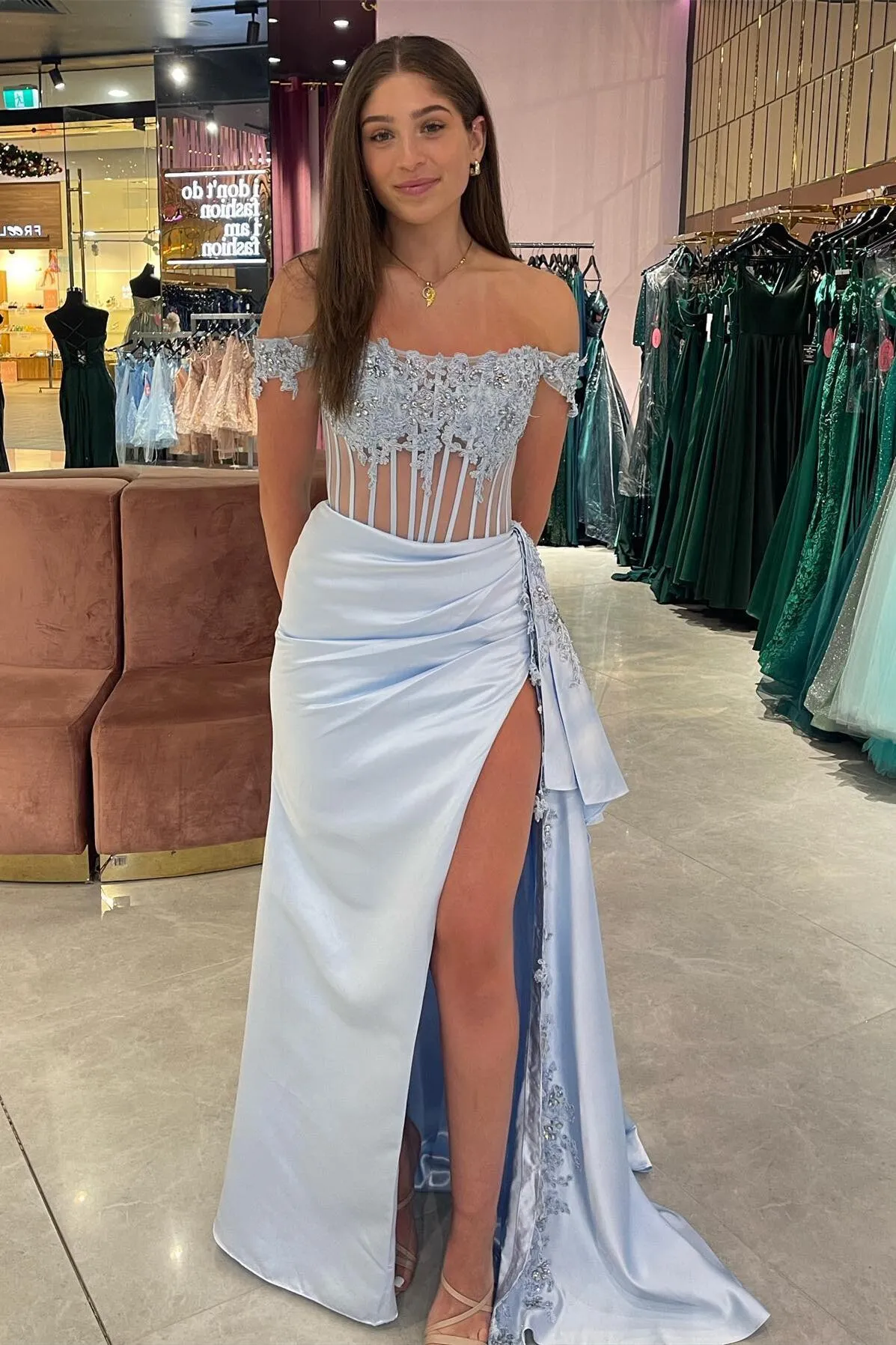 Off the Shoulder Appliques Corset Long Formal Dress