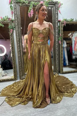 Off the Shoulder Gold Metallic Pleated Long Formal Gown