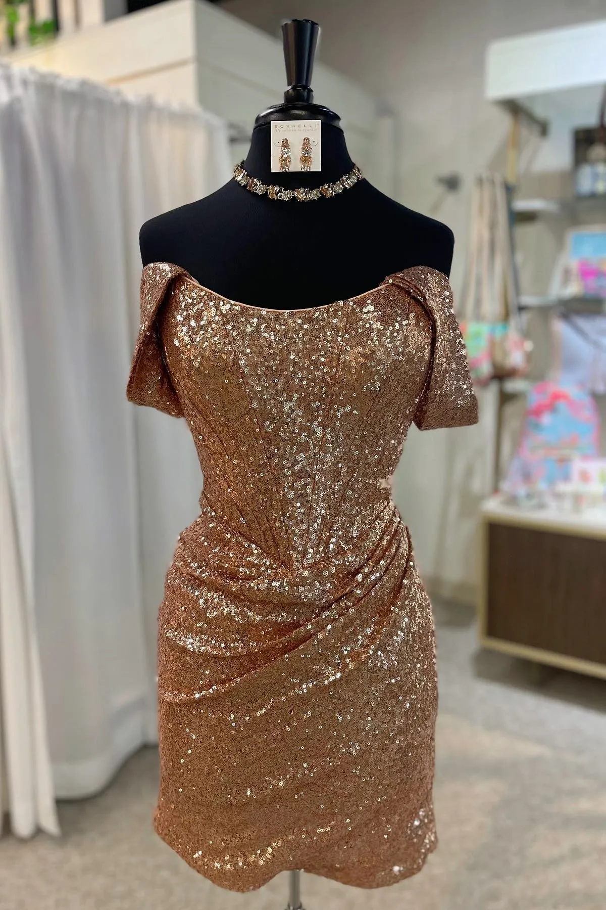 Off the Shoulder Rose Gold Sequin Tight Mini Dress