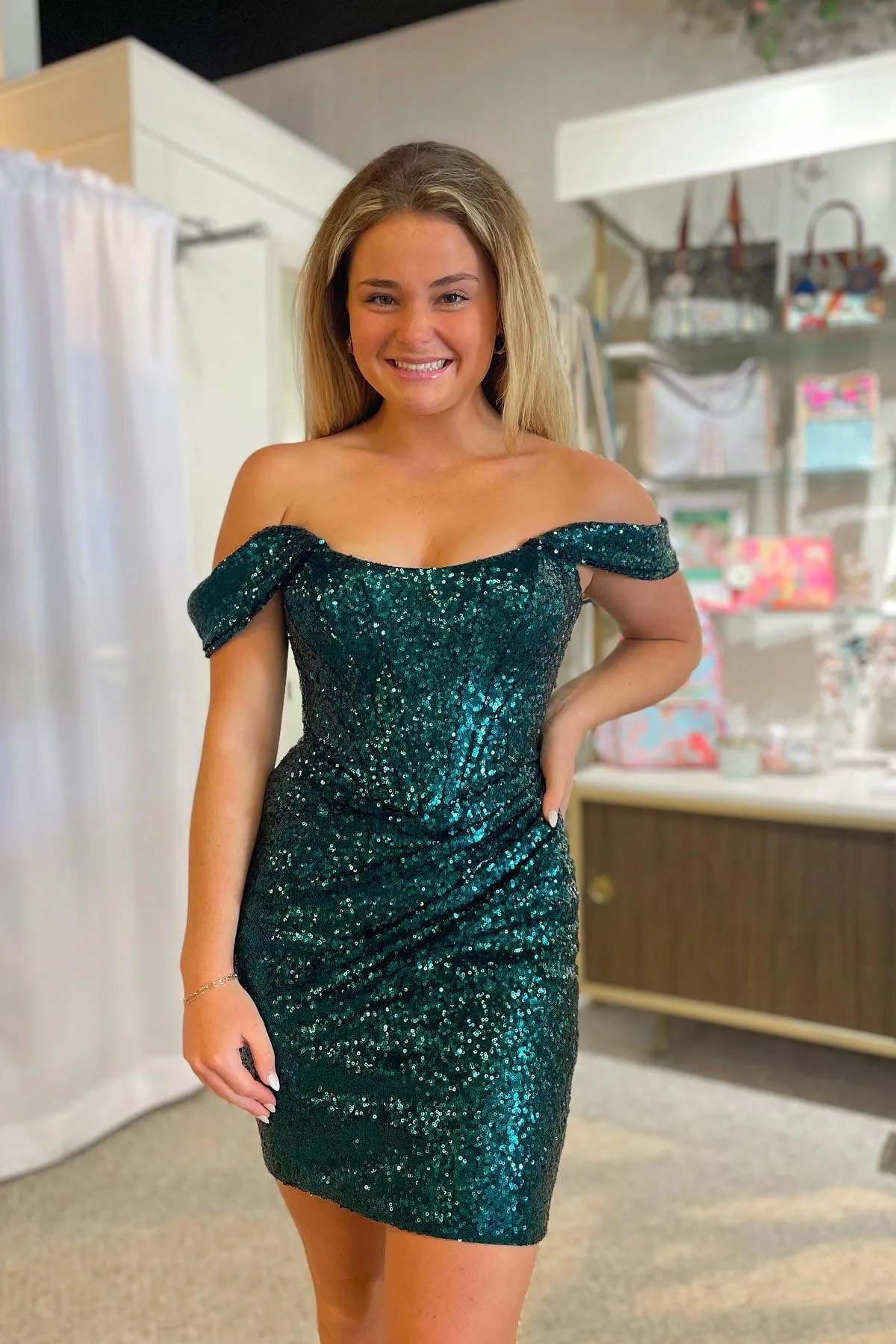 Off the Shoulder Rose Gold Sequin Tight Mini Dress