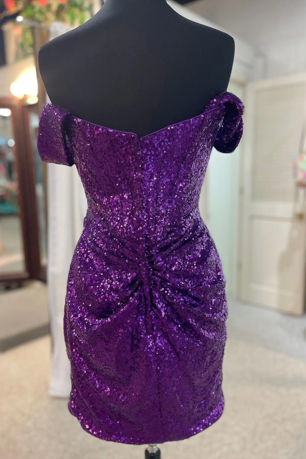 Off the Shoulder Rose Gold Sequin Tight Mini Dress